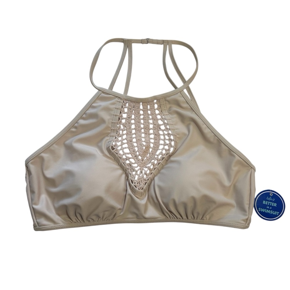 Swimsuits For All High Neck Crochet Bikini Top Nude/Tan Size 6 Boho NEW